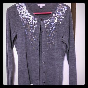 grey sequin cardigan with crystal buttons